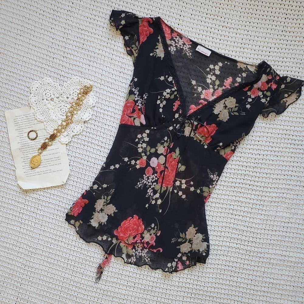 Y2k floral micromesh v neck babydoll top with tie